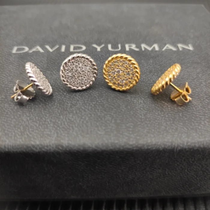 David Yurman Silver 13.6mm Pavé Diamond Button Stud Earrings