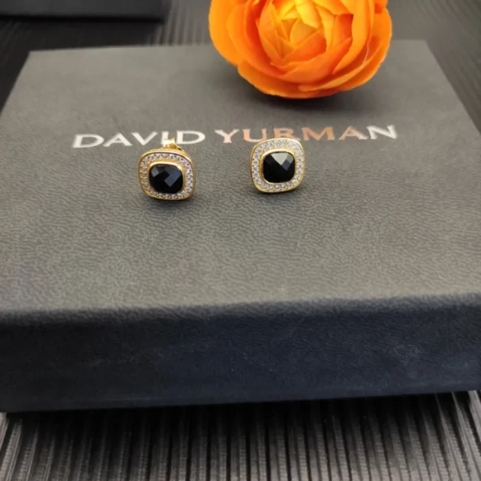 David Yurman 7mm Gold Square Black Diamond Stud Earrings