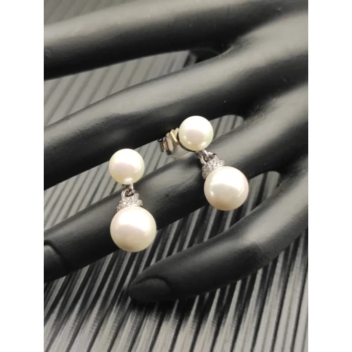 David Yurman Silver 8mm and 10mm Double Pearl Drop Earrings
