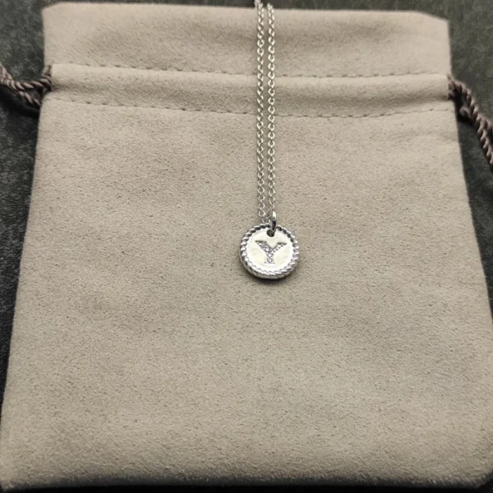 David Yurman Silver Diamond Letter Y Round Pendant Necklace, Length 42cm + 3cm + 3cm