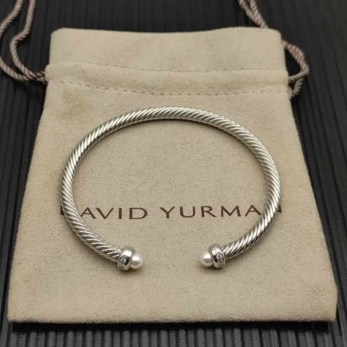 David Yurman 4mm Sterling Silver Pearl Diamond Bangle Bracelet