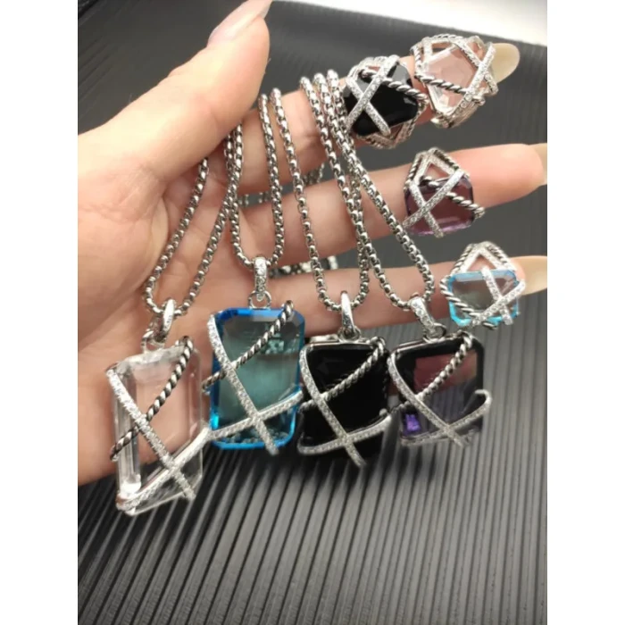 David Yurman Blue Crystal Bezel Pendant Necklace