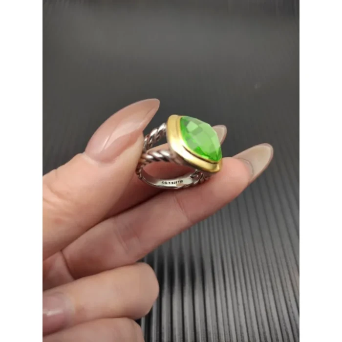 David Yurman Gold and Silver 14mm Square Green Diamond Ring