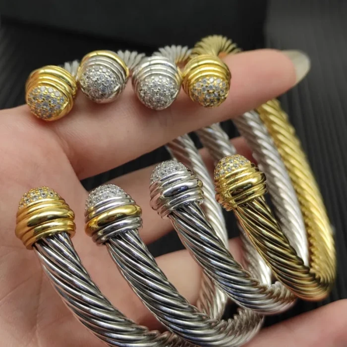 David Yurman 7mm Gold Pavé Half-Diamond Head Cable Cuff Bracelet