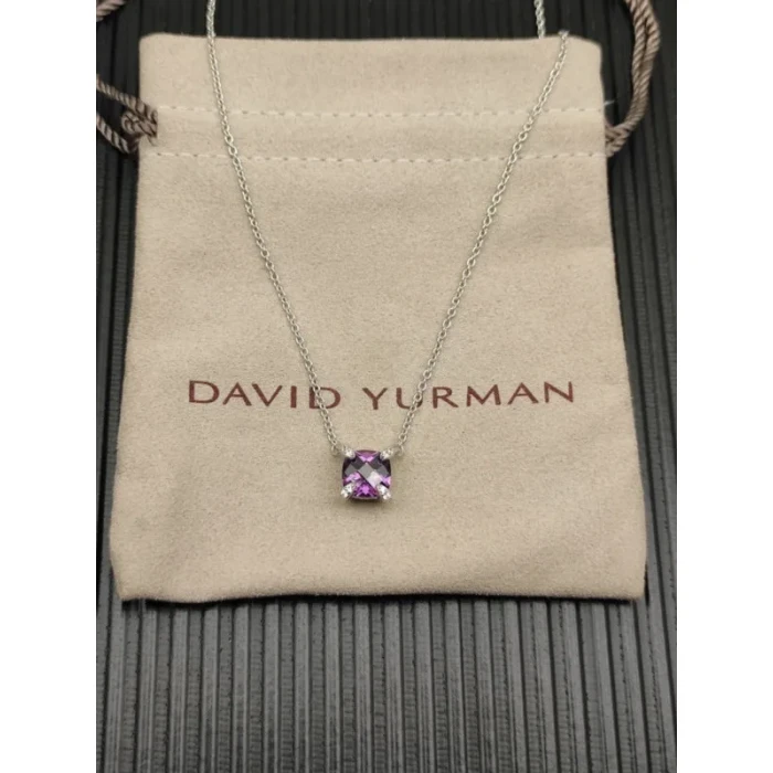 David Yurman Sterling Silver 8mm Four-Prong Purple Diamond Necklace Adjustable 42+3+3cm