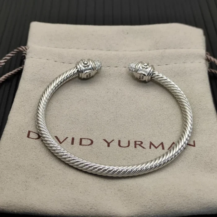 David Yurman Silver 4mm Cable Diamond Lattice Cuff Bracelet