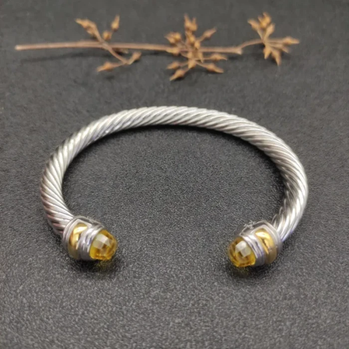 David Yurman 7mm Gold and Silver Double End Cap Yellow Diamond Cable Bracelet