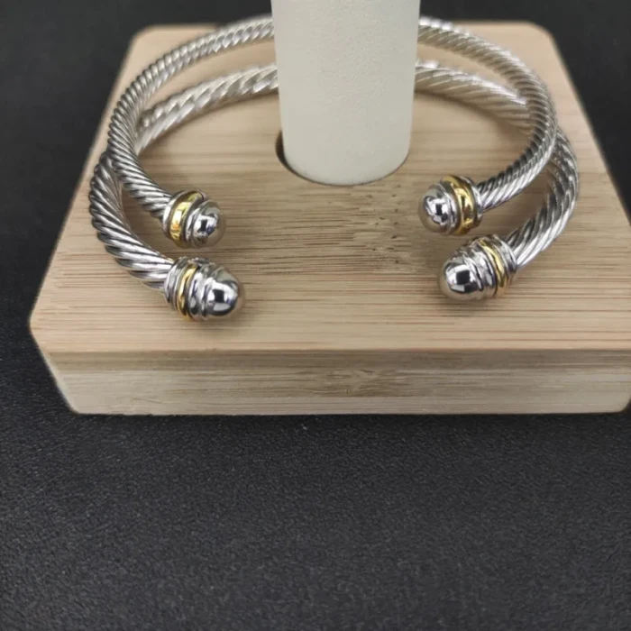 David Yurman 5mm Gold and Silver Cable Cuff Bracelet with Smooth Round End Caps