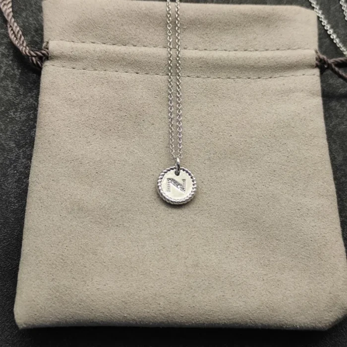David Yurman Silver Diamond Letter N Round Pendant Necklace, Length 42cm + 3cm + 3cm