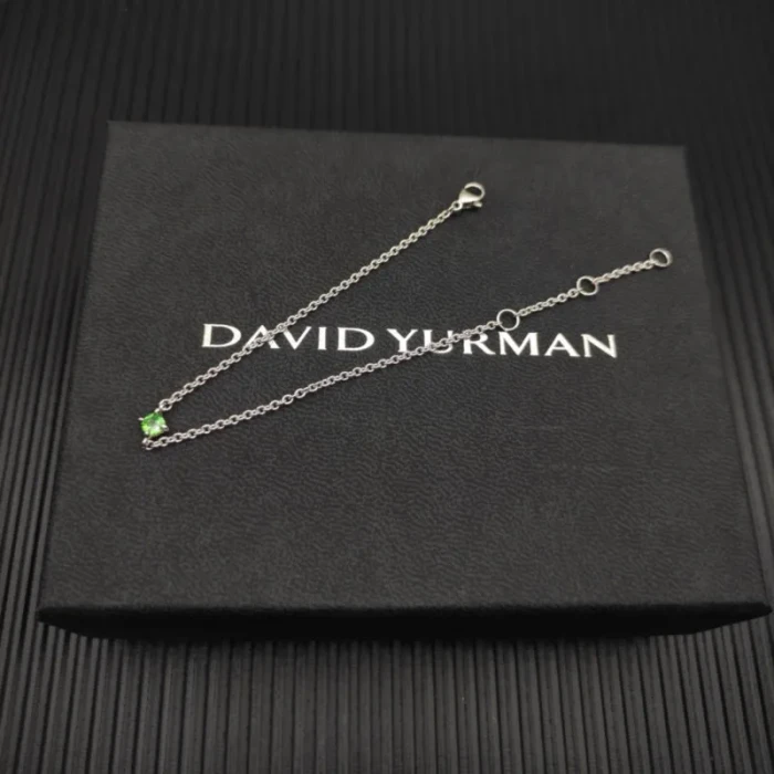 David Yurman 4mm Sterling Silver Single Stone Green Diamond Bracelet