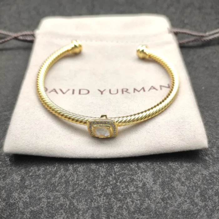 David Yurman Gold Tone 4mm Cable Square White Diamond Cuff Bracelet