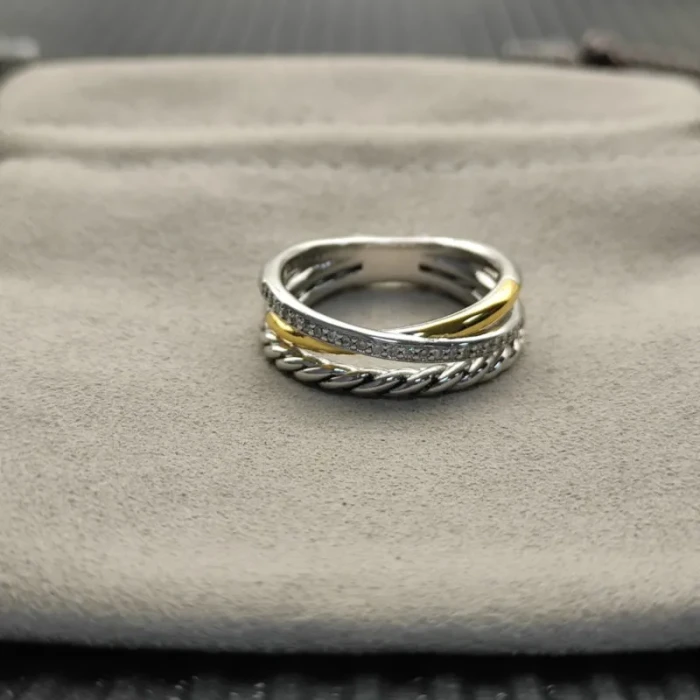 David Yurman Silver and Gold Pavé Twisted Cable Cylinder Ring