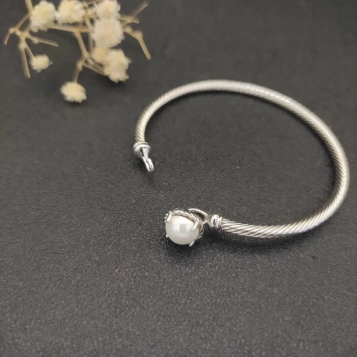 David Yurman Silver 3mm Pearl Cable Cuff Bracelet