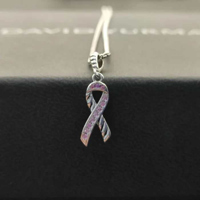 David Yurman Cable Twist Ribbon Pink Diamond Pendant Necklace, Pendant Size 24.4 x 6.7mm, 1.5mm Chain, Length 45cm + 5cm