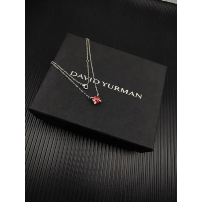 David Yurman Silver 8mm Four-Prong Red Diamond Necklace Adjustable 42+3+3cm