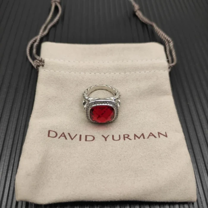 David Yurman Sterling Silver 14mm Square Pavé Red Diamond Ring