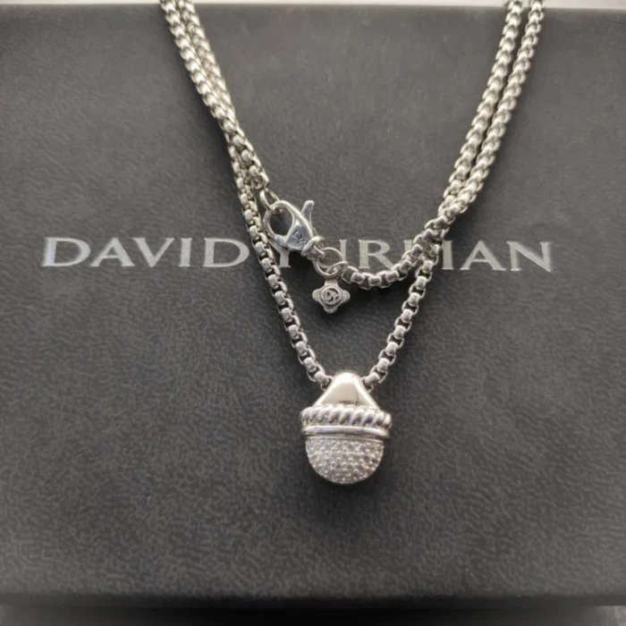 David Yurman Silver Half Pavé Diamond Necklace, 3mm Chain, 50+5cm Adjustable Length