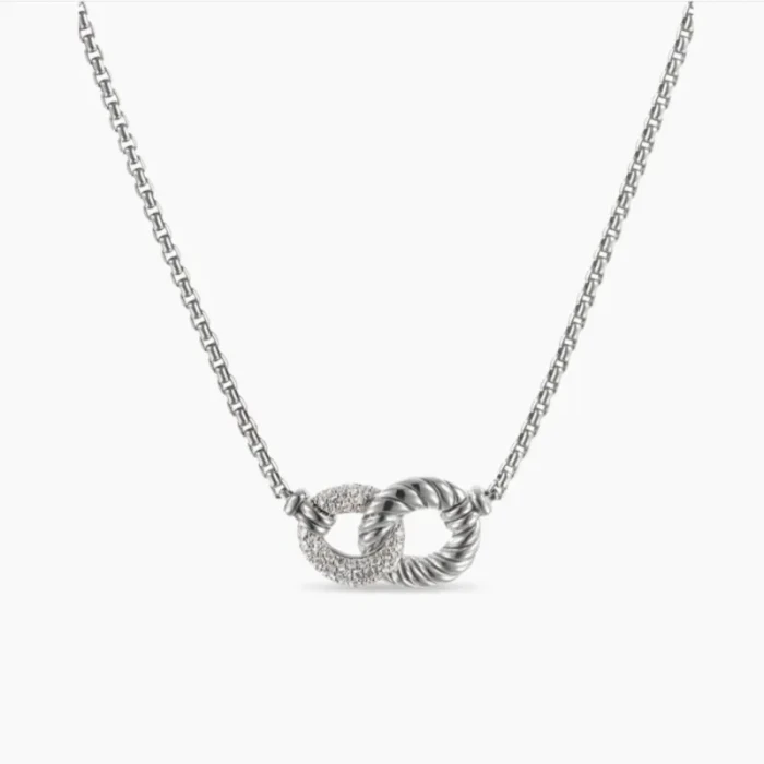 David Yurman Silver Diamond Equestrian Link Necklace, 2mm Chain, 45+5cm Adjustable Length