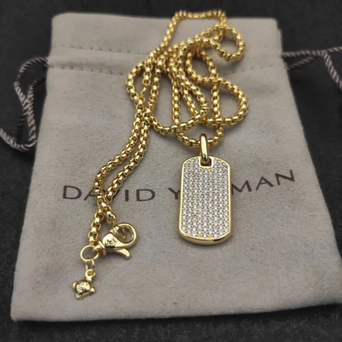 David Yurman Gold Pavé White Diamond Tag Necklace 3mm Chain