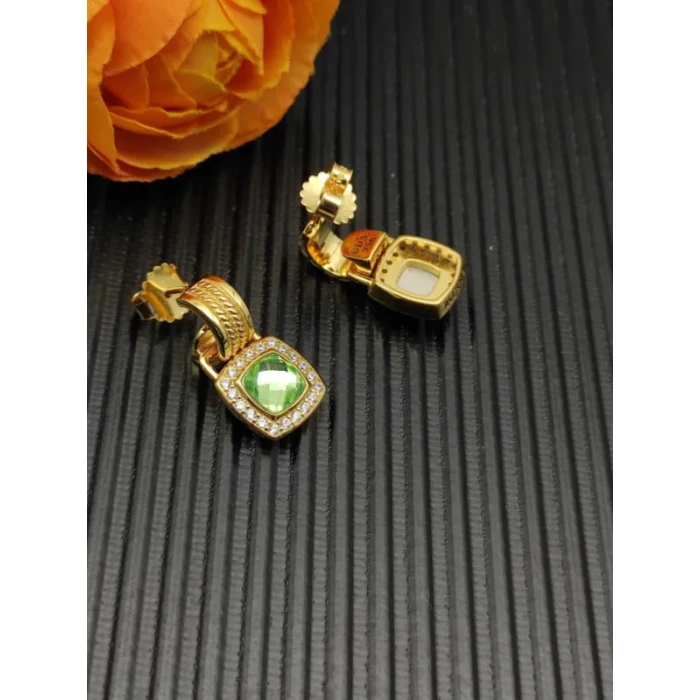 David Yurman Gold Green Pavé Square Cable Drop Earrings