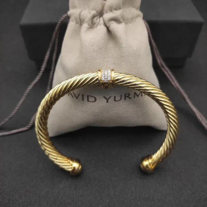 David Yurman 7mm Gold-Tone Beaded Cable Bracelet with White Diamond Accents