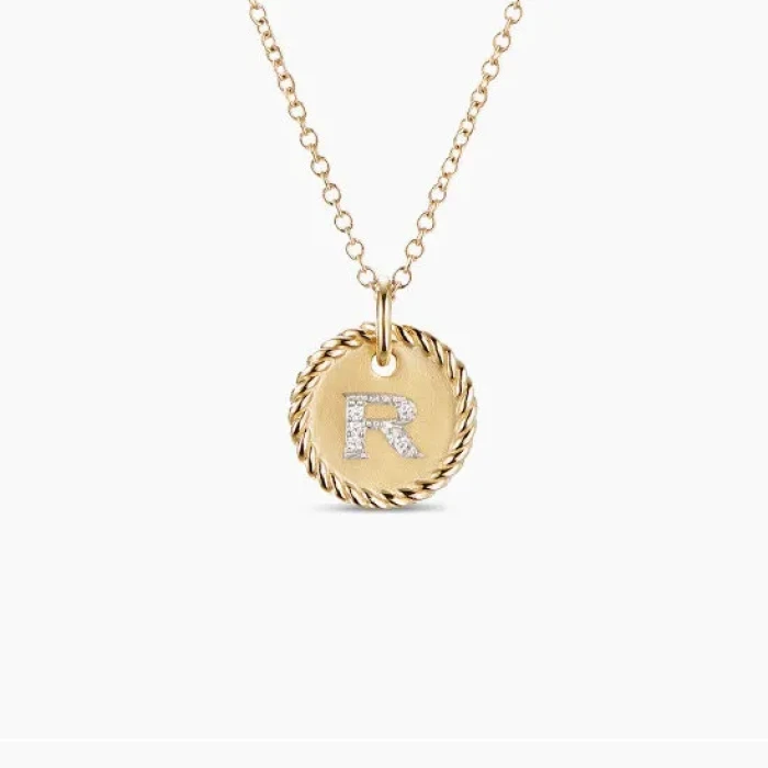 David Yurman Silver Diamond Letter R Round Pendant Necklace, Length 42cm + 3cm + 3cm