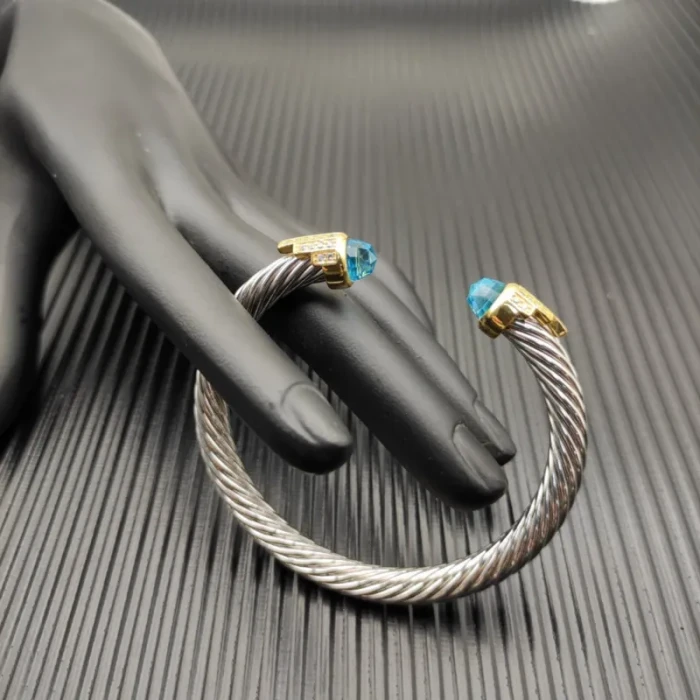 David Yurman 7mm Gold-Tone End Caps Sterling Silver Cable Cuff Bracelet Blue Diamonds