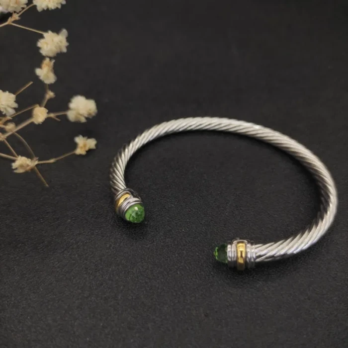 David Yurman 5mm Double Diamond End Light Green Diamond Cuff Bracelet Silver