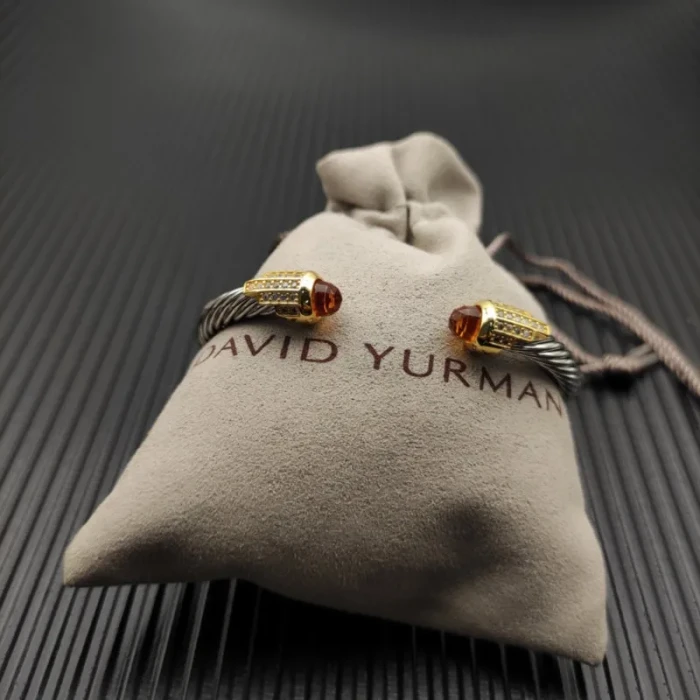 David Yurman 5mm Silver Cable Bracelet with Gold Station and Five-Row Pavé Champagne Diamond Accent