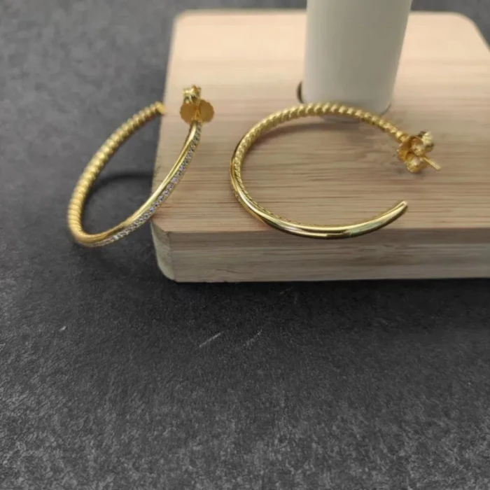 David Yurman Gold Tone Cable Single Row Diamond Hoop Earrings