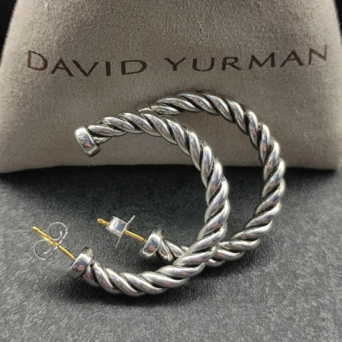 David Yurman Silver Large Twisted Cable Hoop Earrings, 40×5.8mm