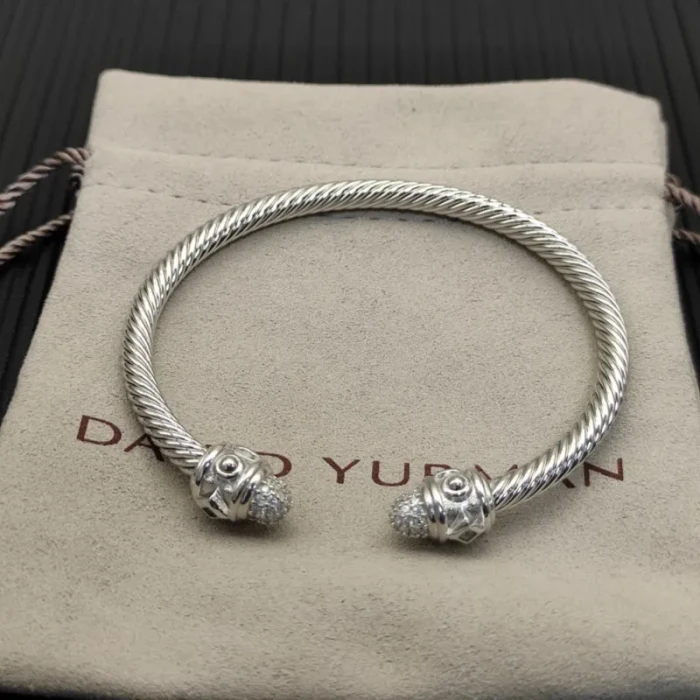 David Yurman Silver 4mm Cable Diamond Lattice Cuff Bracelet