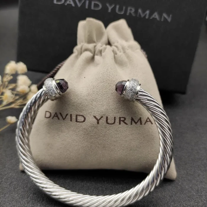 David Yurman 7mm Full Pavé Purple Diamond End Cap Cable Bracelet