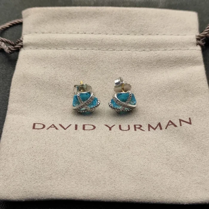 David Yurman 11mm Hexagon Diamond Blue Crystal Stud Earrings