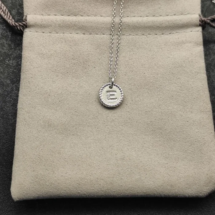 David Yurman Silver Diamond Letter E Round Pendant Necklace, Length 42cm + 3cm + 3cm