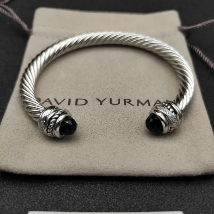 David Yurman 7mm Cable Bracelet with Rotating Black Diamond End Caps