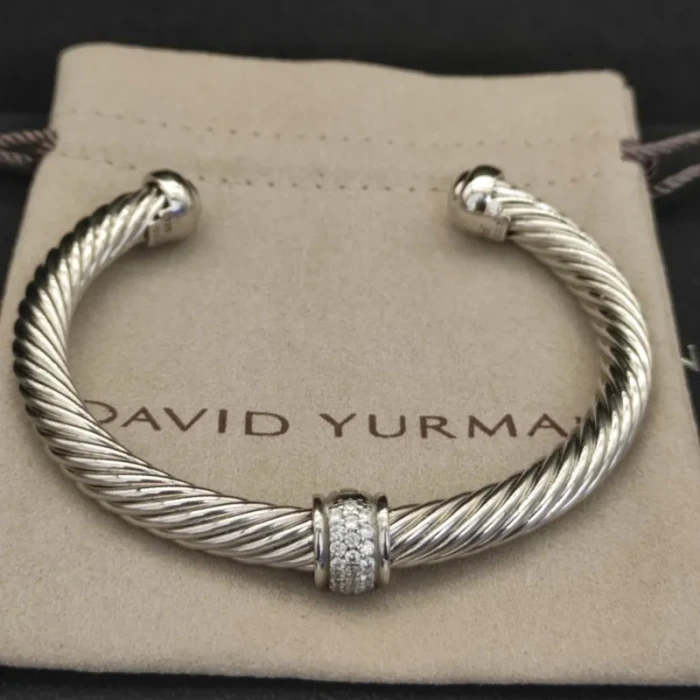 David Yurman 7mm Sterling Silver Cable Cuff Bracelet with Bead End Caps White Diamonds