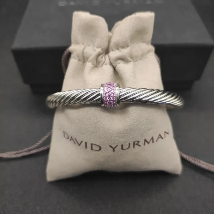 David Yurman 7mm Sterling Silver Cable Cuff Bracelet with Bead End Caps Pink Diamonds
