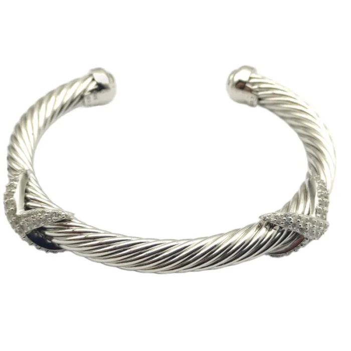 David Yurman Silver 7mm Diamond Double X Cuff Bracelet