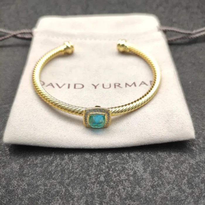 David Yurman Gold Tone 4mm Cable Square Blue Diamond Cuff Bracelet