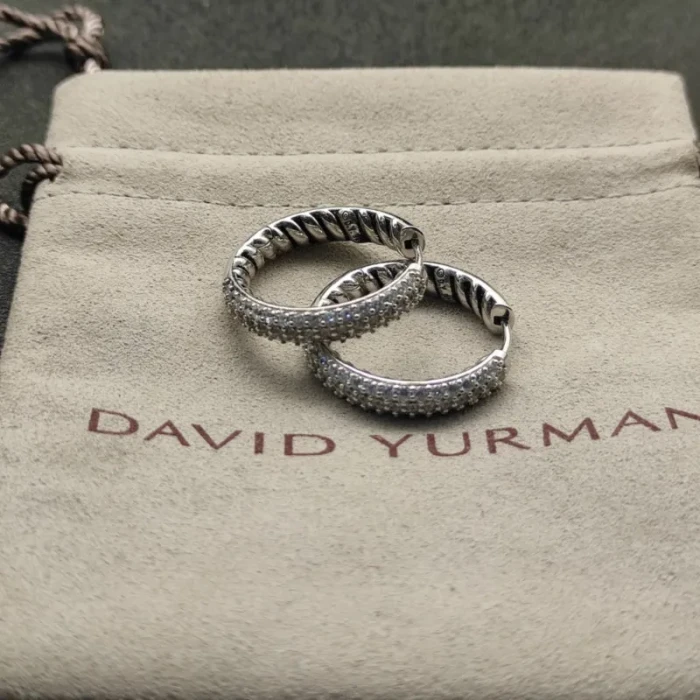 David Yurman Silver Half Pavé Diamond Stud Earrings, 25.4×4.8mm