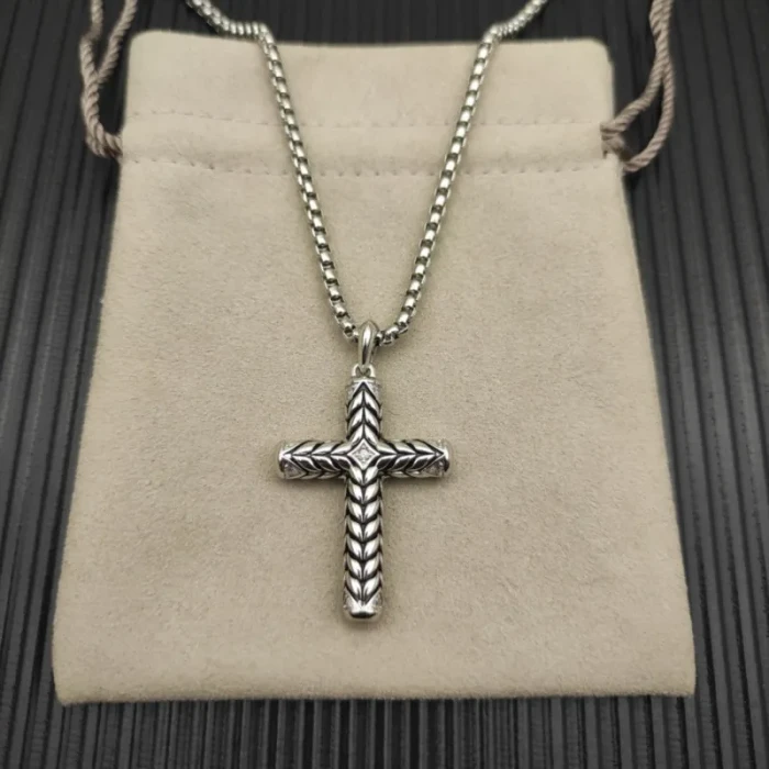 David Yurman Sterling Silver Chevron Cross White Diamond Necklace