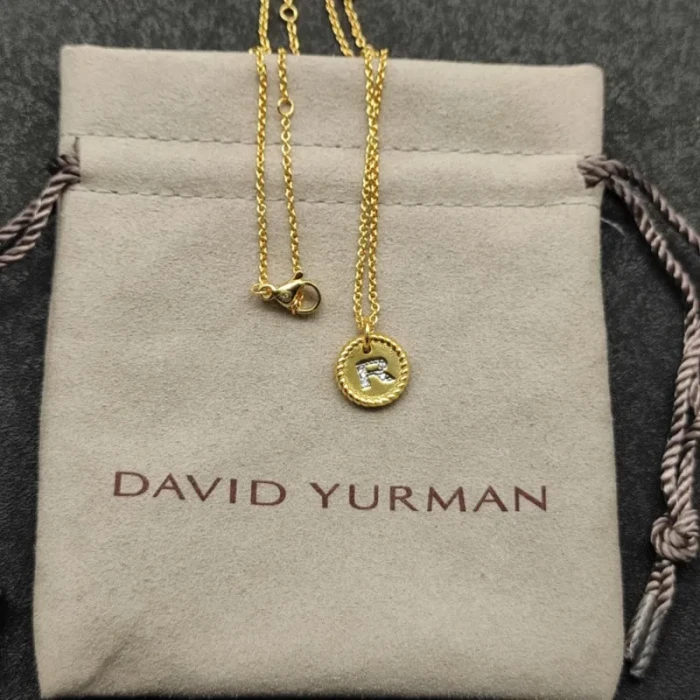 David Yurman Silver Diamond Letter R Round Pendant Necklace, Length 42cm + 3cm + 3cm