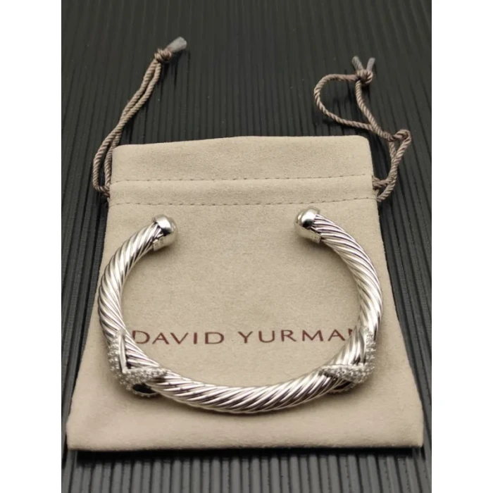 David Yurman Silver 7mm Diamond Double X Cuff Bracelet