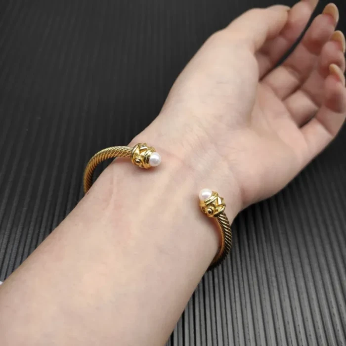 David Yurman Gold 4mm Faceted Pearl Bangle Bracelet