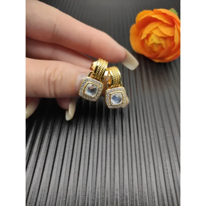 David Yurman Gold Pavé White Diamond Square Cable Drop Earrings