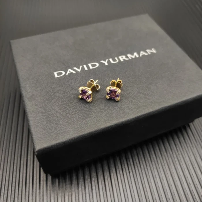David Yurman 8mm Gold Four-Prong Purple Diamond Stud Earrings