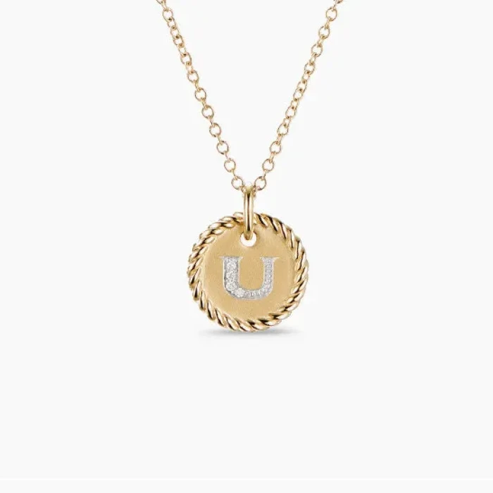 David Yurman Gold Diamond Initial U Disc Pendant Necklace