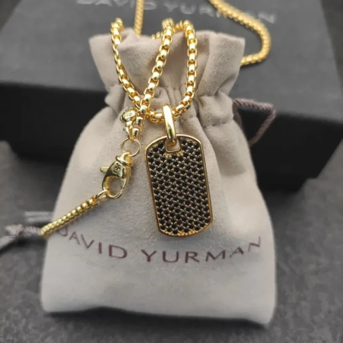 David Yurman Gold Tone Pavé Black Diamond Tag Necklace