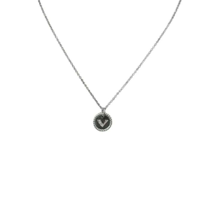 David Yurman Silver Diamond Letter V Round Pendant Necklace, Length 42cm + 3cm + 3cm